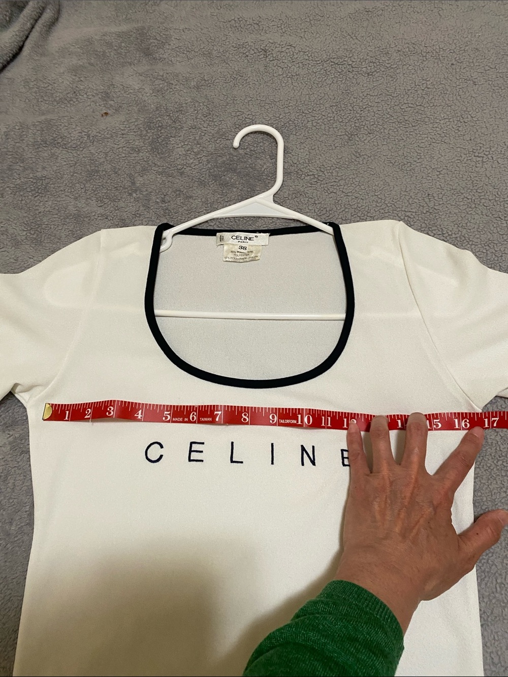 Celine White Scoop Neck Tee with Black Trim and Logo - Picture 7 of 11